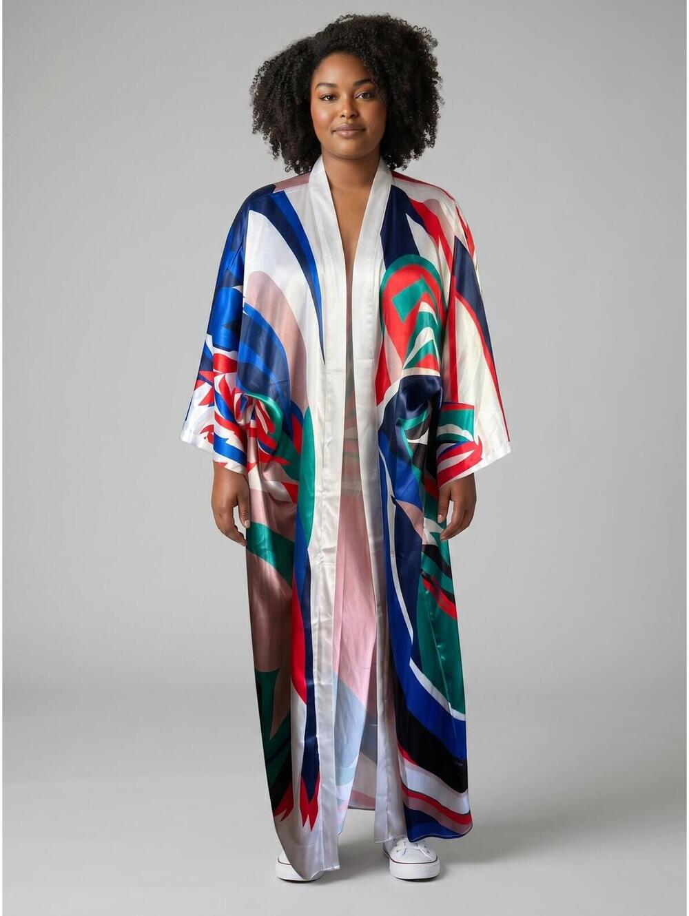 Gorgeous Print Satin Robe Kimono - One Size - White Red Green Blue Black
